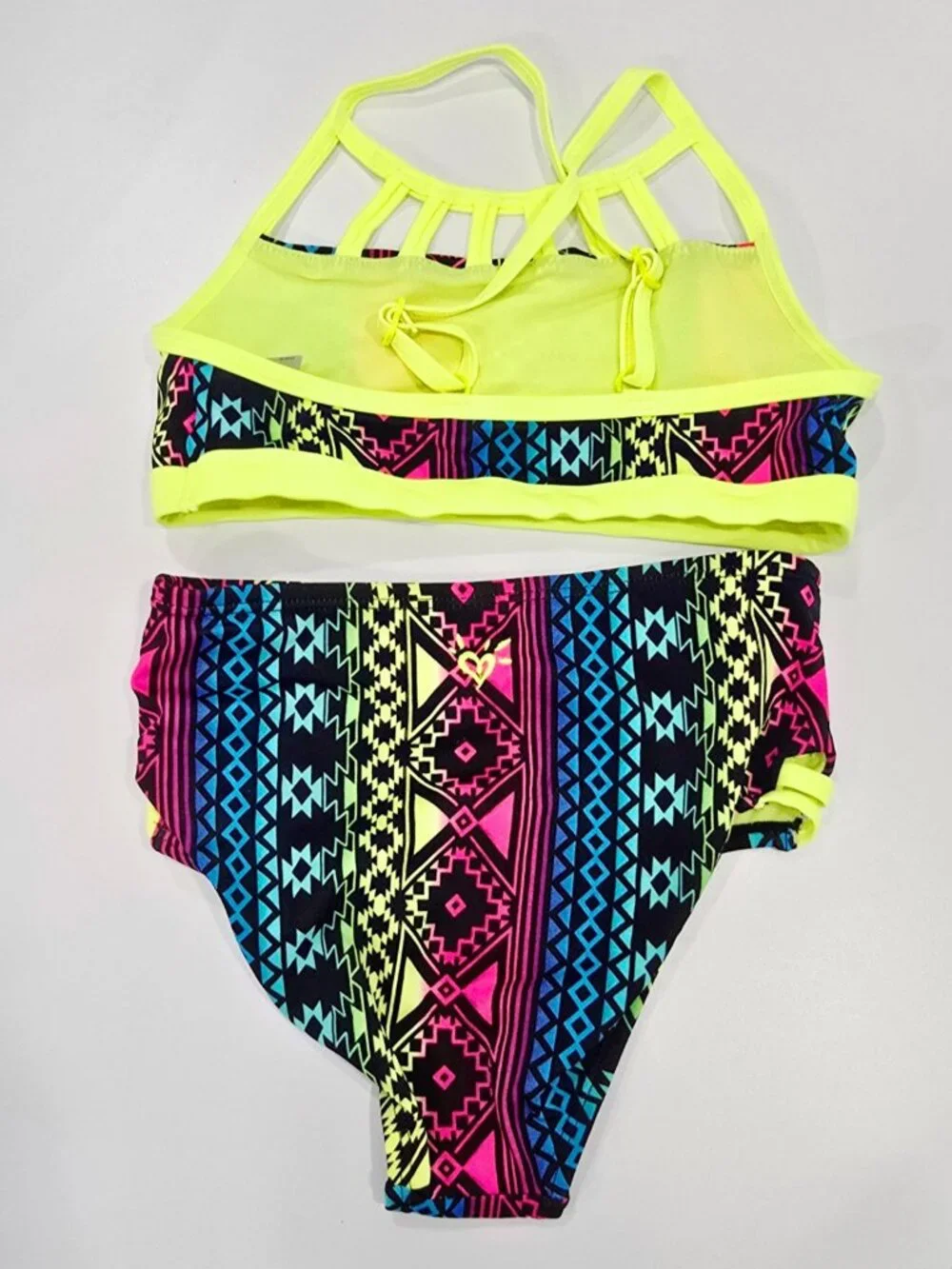 Justice ✦ Girls Neon Bikini Set ✦ Tribal Print High-Waisted UPF 50+ Size 8